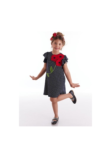 Denokids Mushi Çiçekler Puantiyeli Kız Elbise Siyah