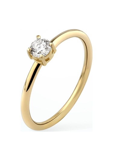 14 Ayar Altın Kaplama Yuvarlak Kesim Tektaş Gümüş Yüzük - Rs00104 Altın