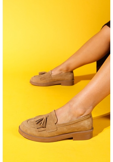 Milina Toprak Süet Püsküllü Hakiki Deri Kadın Loafer Ayakkabı Toprak
