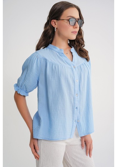 4725 Kadın Büzgü Robalı Kolu Fırfırlı Müslin Gömlek Bebe Mavi Bebe Mavi