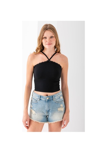 Giysa Kadın Çapraz Askılı Dantel Detaylı Crop Body Siyah - Ms0000309 Siyah