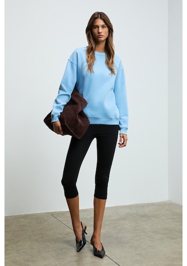 Grimelange Susana Kadın Bisiklet Yaka İçi Polarlı Oversize Fit Basic Mavi Sweatshirt Mavi