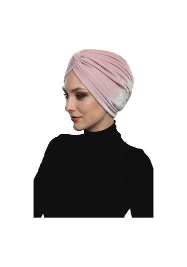 Simli Pike Çapraz Bantlı Astarlı Pudra Hazır Türban Tesettür Bone Abiye Pudra