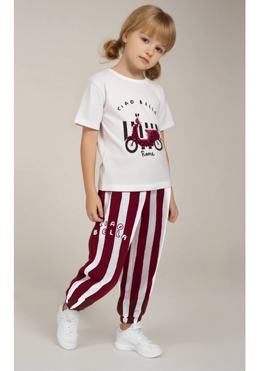 Kız Çocuk Scooter Üzeri Aplike Detaylı Tshirt Ve Çizgili Jogger Alt Üst Takım Bordo Beyaz Beyaz - Bordo