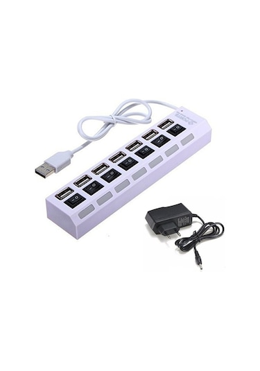 7 Port Usb Hub Çoklayıcı Anahtarlı Switch Işıklı Beyaz Adaptörlü (533634728)