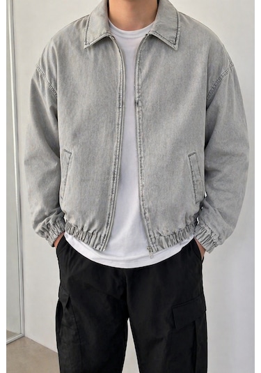 Tarz Cool Erkek Oversize Bomber Ceket Fermuarlı Basic Günlük Şık Mont Gri
