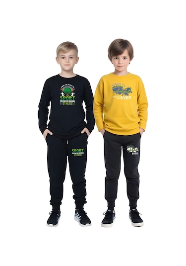 2li Erkek Çocuk Baskılı Sıfır Yaka Mevslimlik Alt-üst Takım Siyah - Sarı