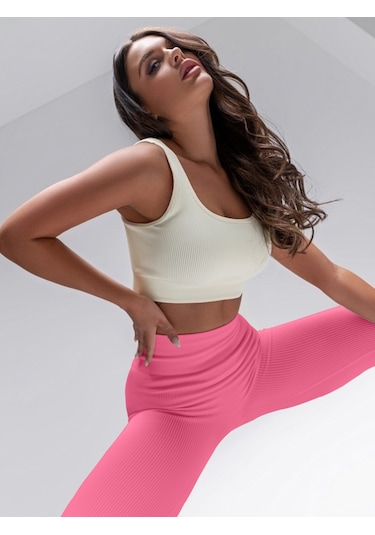 Mistirik Fitilli Tayt Yüksek Bel Örme Kumaş Şeker Pembe