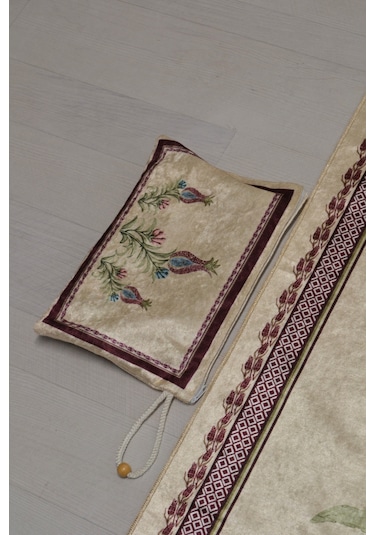 Çantalı Fermuarlı Lale Desenli Seccade Lila L005 Krem