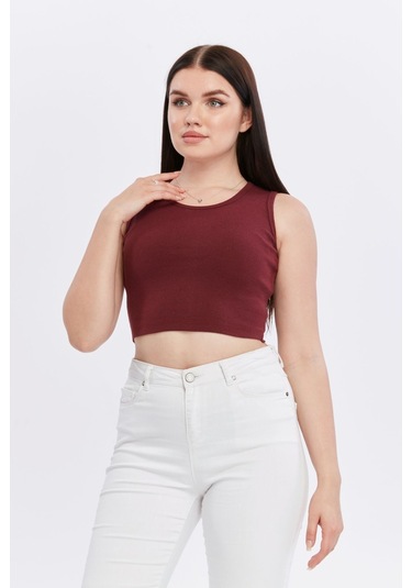 Bella Dossi Rahat Kaşkorse Kolsuz Sıfır Yaka Kadın Crop Top Bordo