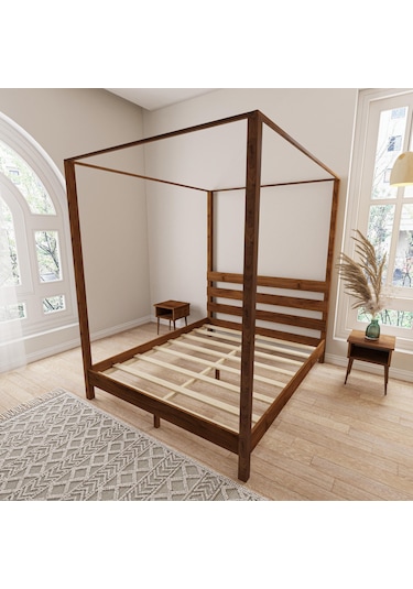 Natura Model Cibindirik Askılıklı Ceviz Renk Çam Ahşap Karyola Ve İki Komodin Set-199 180 x 200 CM