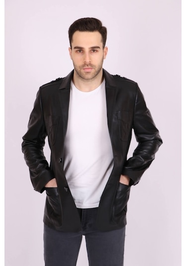 Erkek Siyah Hakiki Deri Yakalı Casual Klasik Ceket Mont