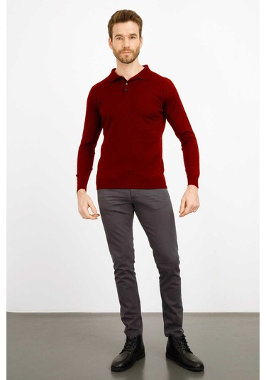 Desen Triko Erkek Basic Polo Yaka İnce Triko Kazak 02421601 Bordo Bordo