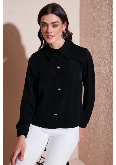 Lela Taşlı Regular Fit Gömlek Yaka Fermuarlı Bayan Bluz 611Bz0493 Siyah