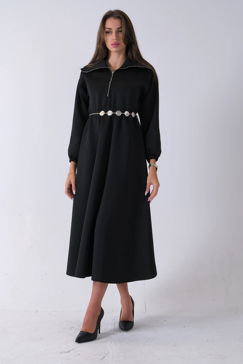 Feminist Siyah Yaka Fermuar Detaylı Bel Ve Bileği Lastikli Kemerli Scuba Elbise 4593455.01 Siyah