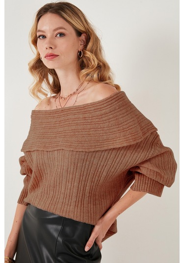 Lela Oversize Fit Madonna Yaka Triko Bayan Kazak 4615216 Camel