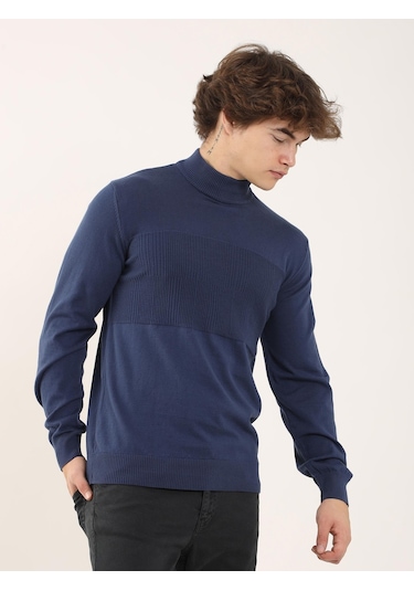 Dufy İndigo Erkek Regular Fit Dik Yaka Triko - 90634 İndigo