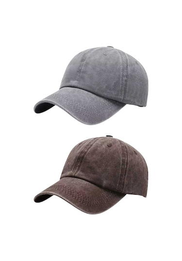 Tezzgelsin Unisex Eskitme Vintage Pamuklu Ayarlanabilir Beyzbol Kep Şapka 2'li Set Gri - Kahverengi