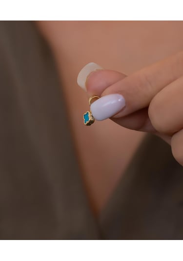 Bayar Gold 14 Ayar Altın Turkuaz Renkli Yonca Kolye Ucu Sarı Altın