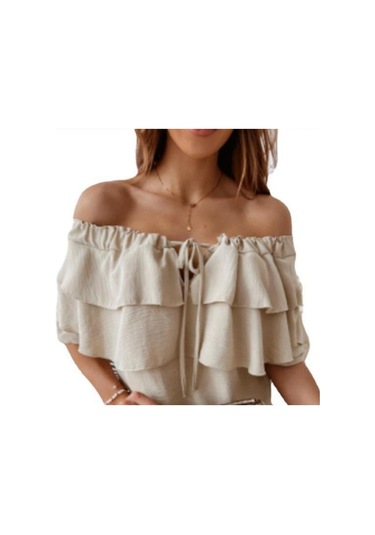 Yaz Kadın T-shirt Tek Boyun Şifon Gömlek Kadın Elastik Omuz Kravat Fırfır Üstleri Rahat Gevşek Orta Kollu Haki