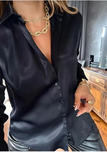 Saten Kumaş V Yaka Gömlek Siyah Siyah