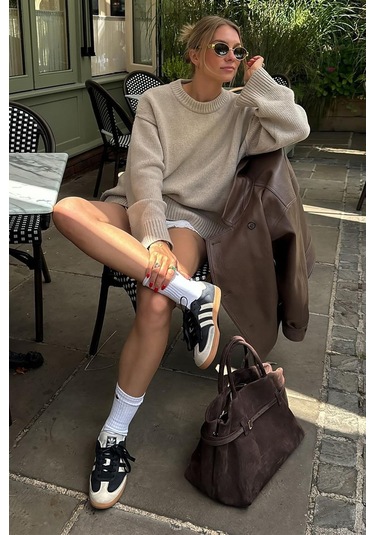 Bej Bisiklet Yaka Oversize Triko Kazak Mg1972 Bej