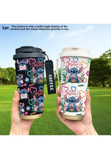 Trendooze Gaojunshop01 Disney Stitch 18oz Çift Katlı Vakumlu Paslanmaz Çelik Termos, Unik Tasarım Pembe Pembe