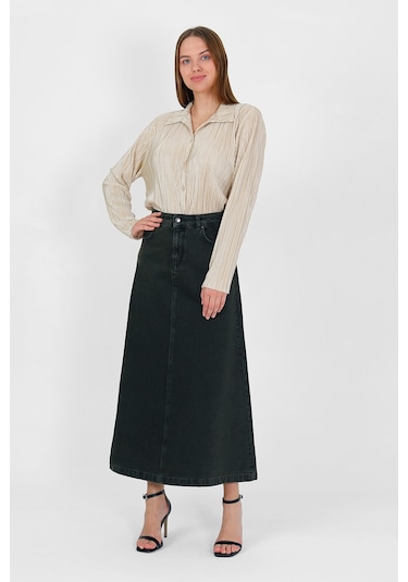 Yüksek Bel A Kesim Denim Etek Haki