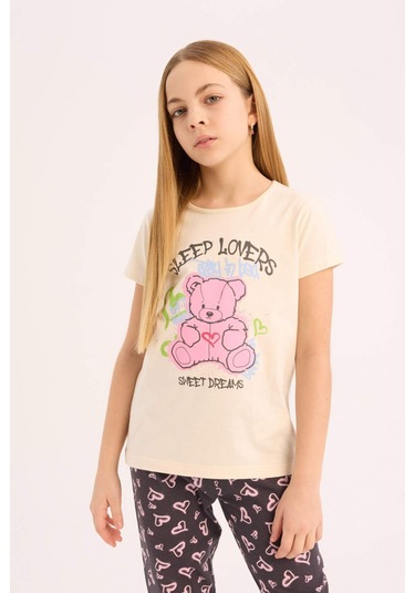 DeFacto Kız Çocuk Pijama Takımı Bisiklet Yaka Baskılı Kısa Kollu Üst Beli Lastikli Desenli Alt E0538A825SMER233 Ekru DeFacto Kız Çocuk Pijama Takımı Bisiklet Yaka Baskılı Kısa Kollu Üst Beli Lastikli Desenli Alt E0538A825SMER233 Ekru