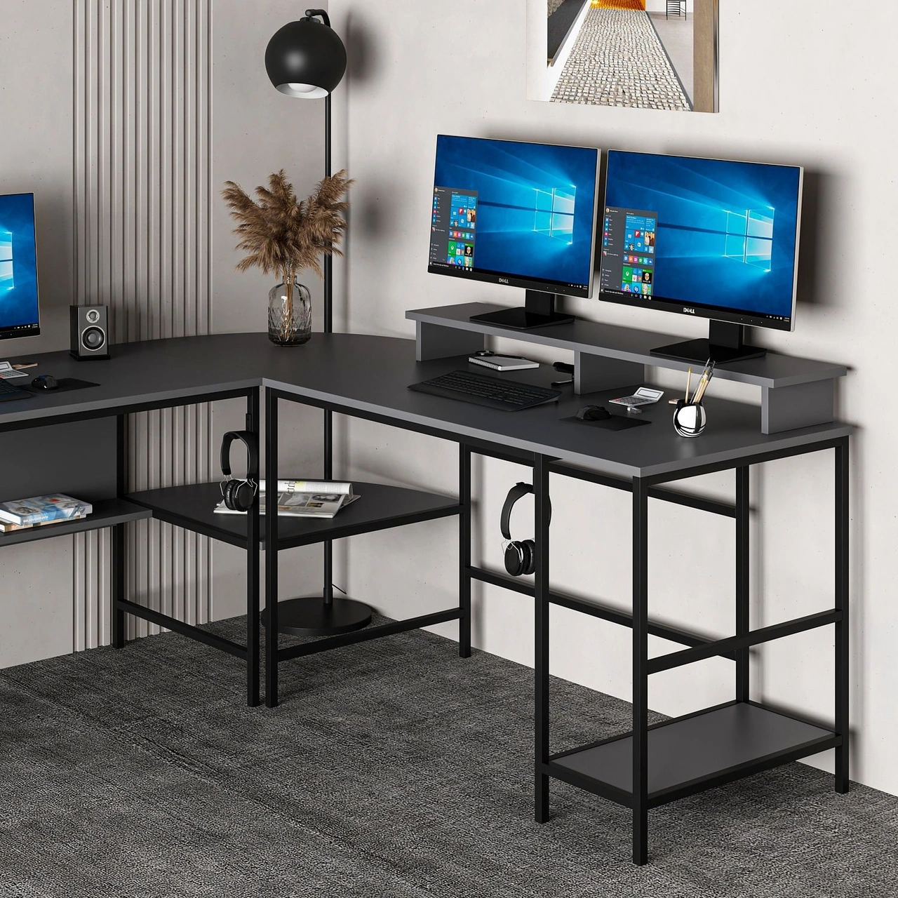 Minar Greta Raflı L Köşe Çalışma Masası - Antrasit Siyah