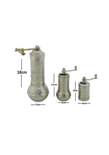 Zamak Metal Gümüş Renk 3 Lü Set Karabiber,kahve,çörek Otu El Değirmeni Öğütücü Grinder Gümüş