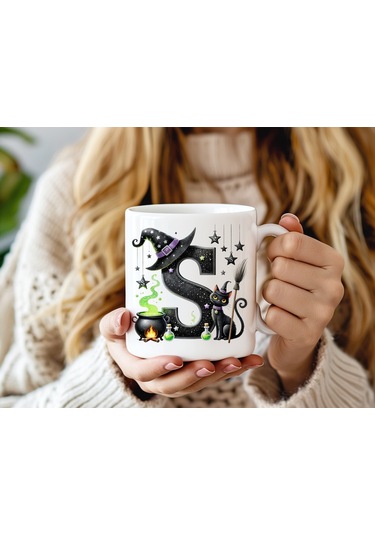 S Harfli Halloween Kedili Figür Kupa Bardak - Şapkalı Ve Kazanlı İsme Özel Kupa - Hediye Beyaz