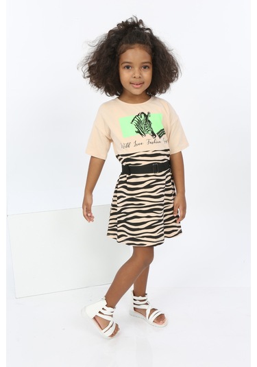 Toontoy Kız Çocuk Zebra Baskılı Elbise Bej