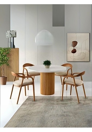 Olimpos İskandinav Natural Ahşap Masa Sandalye Takımı 100x100 Meşe - Beyaz