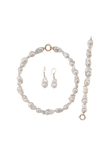 22,5 Mm Barok İnci Kolye Bileklik Küpe Üçlü Set 50 Cm / Rose Gümüş