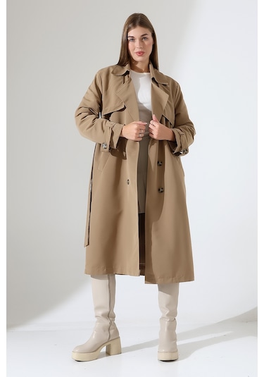 Amazon Keten Kumaş Diz Altı Yumuşak Dokulu Düğmeli Astarlı Trenç Kot Vizon Vizon