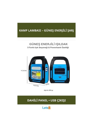 Güneş Enerjili İşıldak Ve Powerbank Özellikli Kamp Lambası Çok Renkli