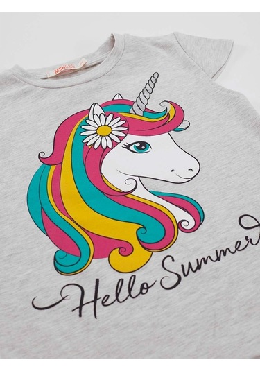 Denokids Mushi Çiçekli Unicorn Kız T-Shirt Şort Takım Çok Renkli