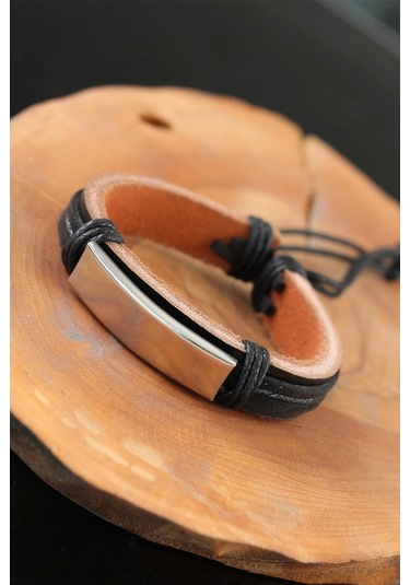 Çelik Aksesuarlı Siyah Renk Deri Erkek Bileklik Çok Renkli