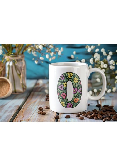 O Baş Harf Çiçek Desenleri İle Natural Tarz Kupa Bardak - Kişiye Özel Çiçekli Kahve Çay Bardak - Beyaz