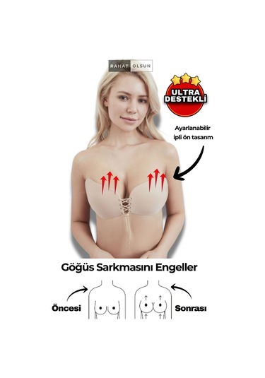Askısız Yapışkanlı Toparlayıcı Bej Kelebek Hayalet Silikon Sütyen, Toparlayıcı Ipli Dolgunlaştırıcı Bej