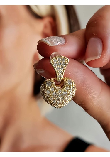 Bombeli Kalp Model Zirkon Taşlı Altın Kaplama Gold Küpe Gold