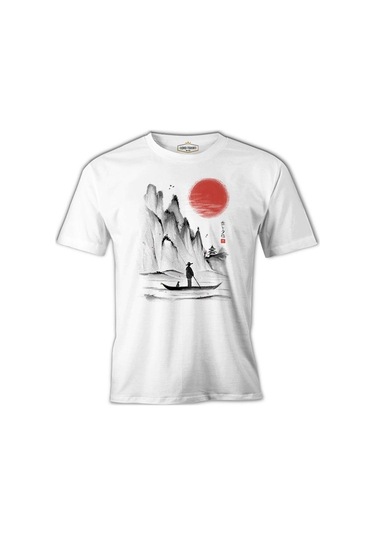 Man On The Boat İn Japanese Landscape Beyaz Erkek Tshirt 001