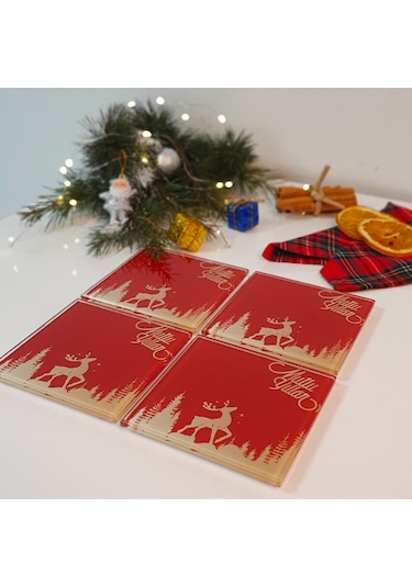 Decorita Cam Bardak Altlığı Mutlu Yıllar Kırmızı Silüet 4'lü Takım Kırmızı