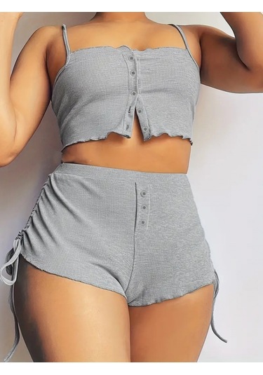 Munn Collection Kadın Ip Askılı Crop Bluz Ve Yanlardan Büzgülü Ikili Kaşkorse Short Takım Gri