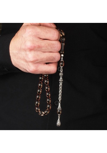 Gümüş Püsküllü Ateş Kehribar Tesbih