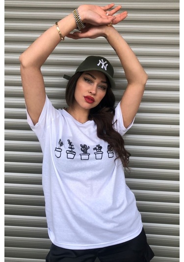 Modagen Kaktüs Baskılı Beyaz Kadın Oversize T-shirt K Beyaz