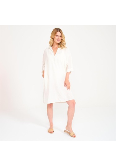 Miespiga Keten Plaj Elbisesi Krem- XS - S Krem