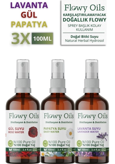 Flowy Oils Gül Suyu + Lavanta Suyu + Papatya Suyu Cam Şişe 3 x 100 ML