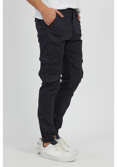 Slim Fit Körüklü Cep Paça Lastikli Esnek Kumaş Erkek Kargo Pantolon Füme